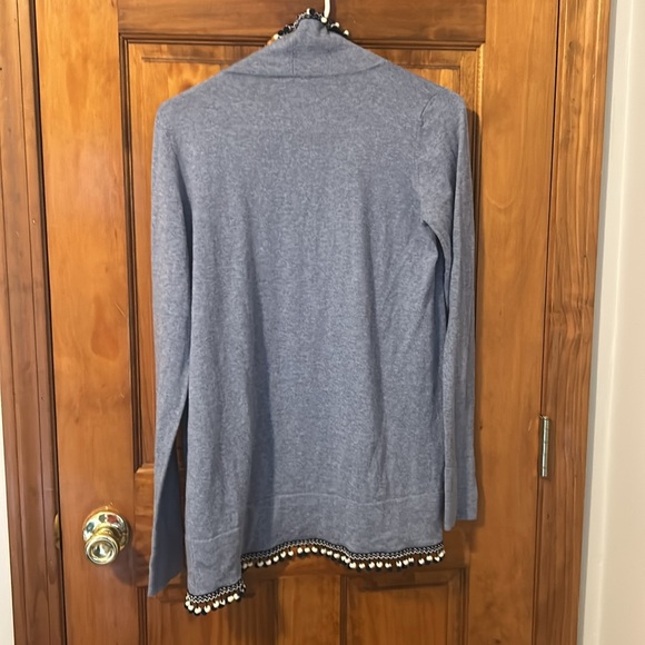 Two Bees Cashmere Ellery Cardigan—Blue Pom Pom - Picture 6 of 6